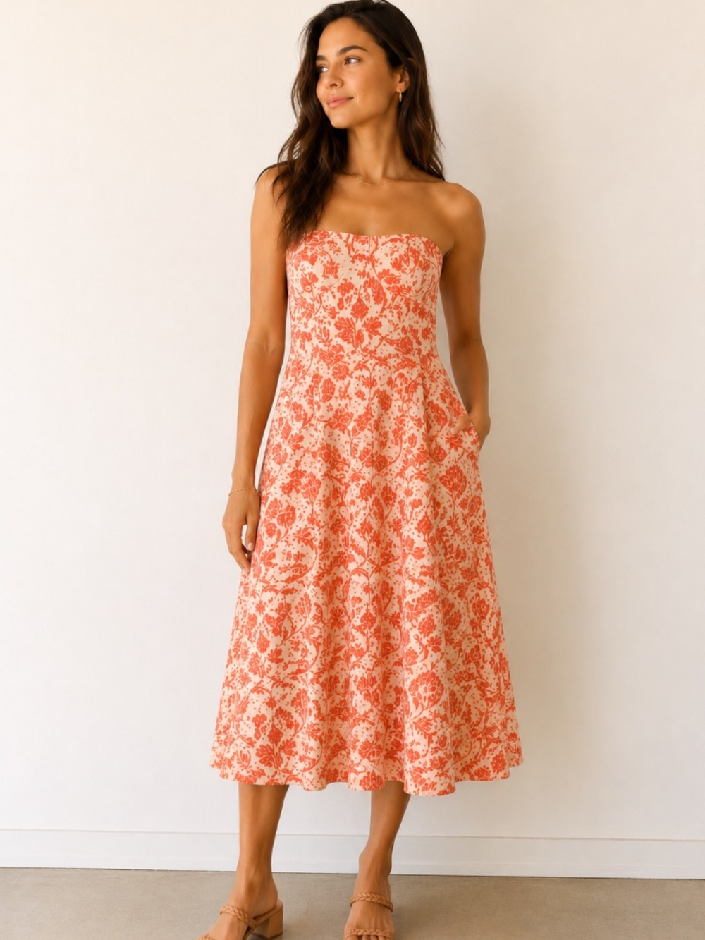 J.Crew Strapless Sweetheart Floral Print Midi Dress Coral Ivory Size 4